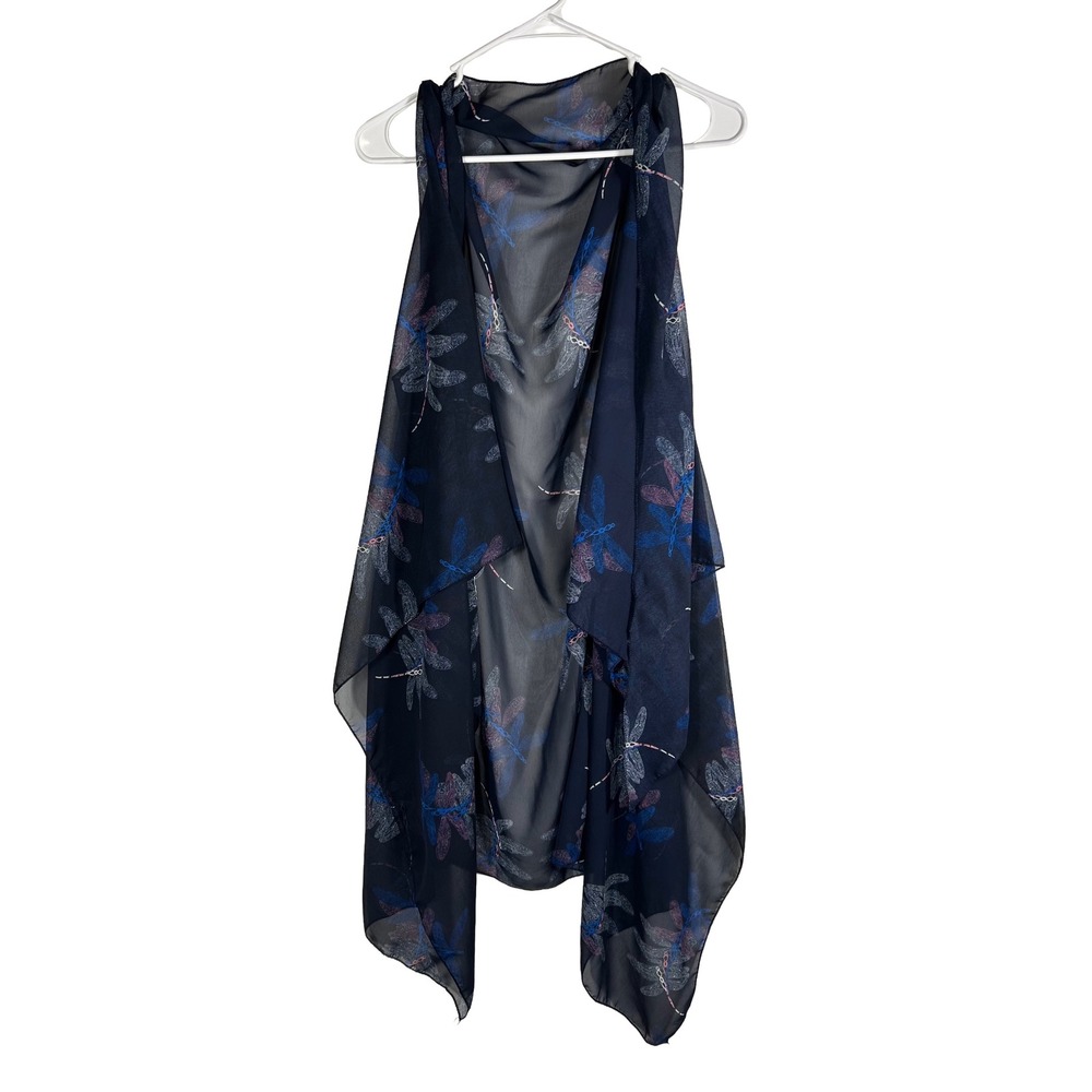 Navy Blue Dragonfly Print Sheer Sleeveless Open Front Vest Kimono Cover Up
